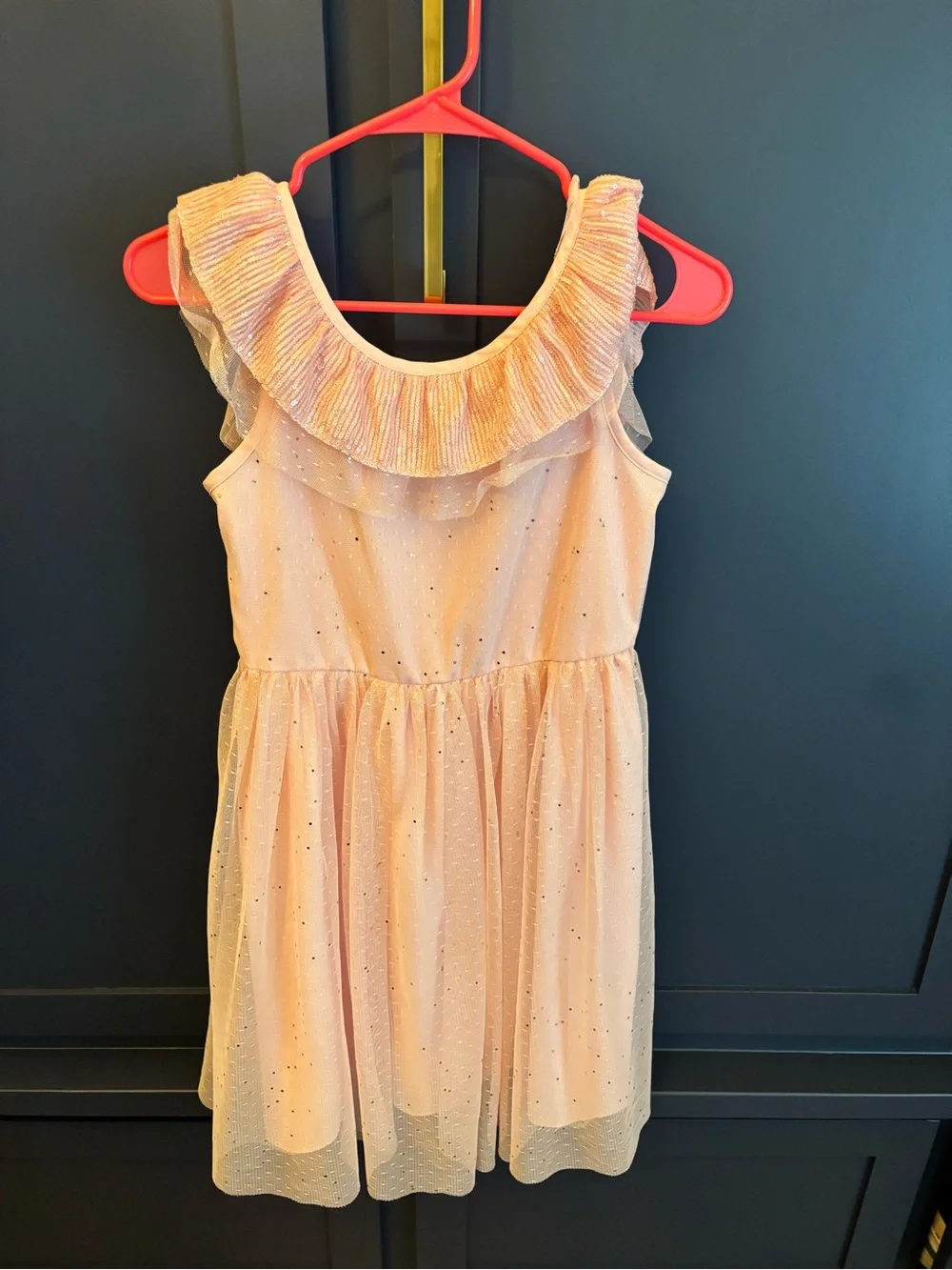 Girls Pink Sparkle Ruffle Neck Dress